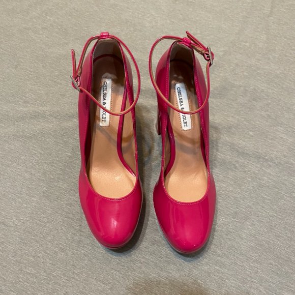 CHELSEA & VIOLET Pink Patente Platform. Ankle Strap. Size 8 - Picture 2 of 9